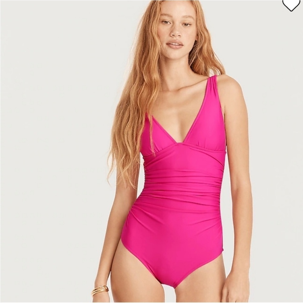 🌻NEW W/TAGS! J. Crew Fuchsia Ruched V-neck One-Piece Swimsuit Bathing Suit sz 12